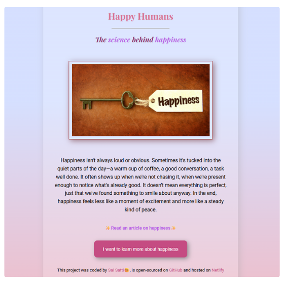 A snapshot of Sai's 'happiness' landing page