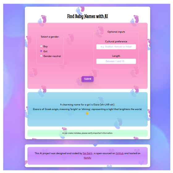 A snapshot of Sai's baby name generator