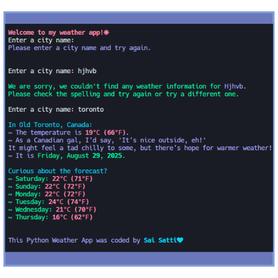A snapshot of Sai's Python weather app