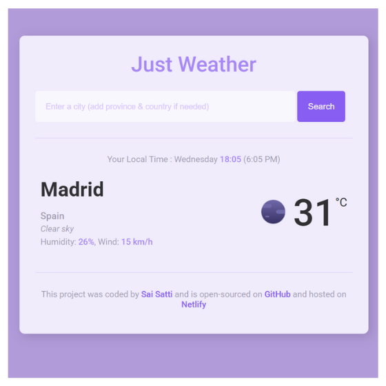 A snapshot of Sai's current weather forecast app